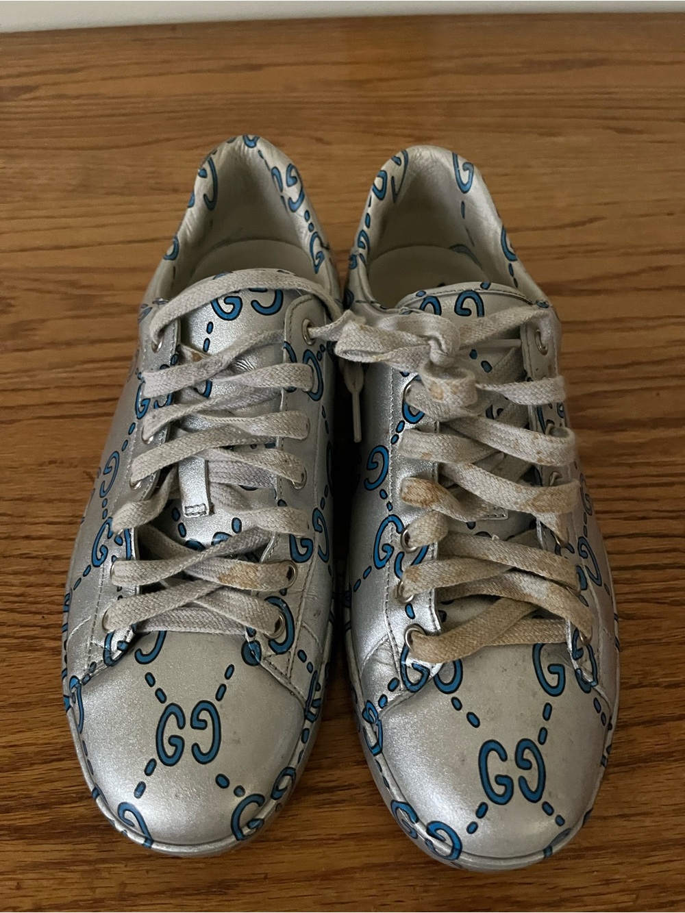 Gucci Silver Sneakers with Blue Interlocking G Pattern